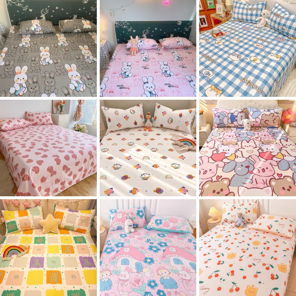 Bộ ga giường và vỏ gối cotton 100%, ga gối cotton thoáng mát thấm hút mồ hôi tốt miễn phí bo chun -SHOP VU THI THOM