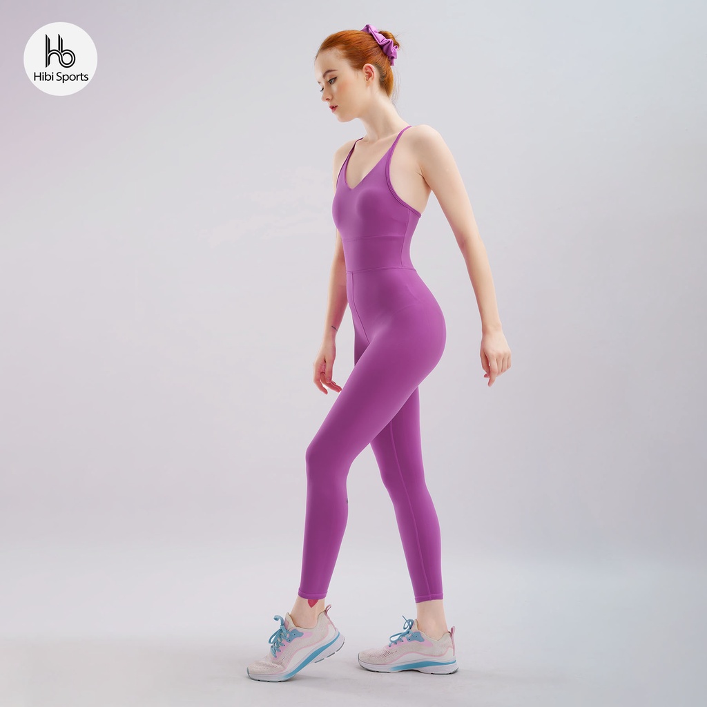Bộ tập yoga gym Jumpsuit Hibi Sports J601 hai dây đan nơ, màu Tím Electric kèm mút ngực, chất vải cao cấp Lu Fabric