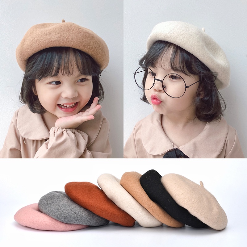 Mũ trẻ em, Mũ nồi len beret dễ thương mềm mịn có dây rút cho bé gái từ 2-8 tuổi kiểu dáng mũ họa sĩ đáng yêu ML02