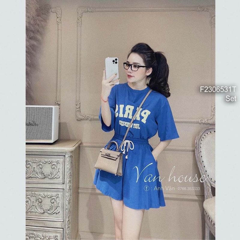 Set bộ thun áo in chữ tay con phối quần váy!