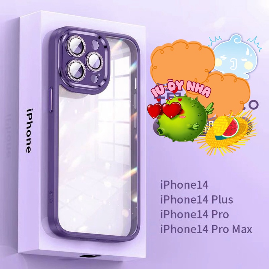 Ốp lưng kính trong viền màu bảo vệ camera gắn đá nhũ cho iPhone 14 Pro,14 Pro max. 13 Pro max,14,14 Plus