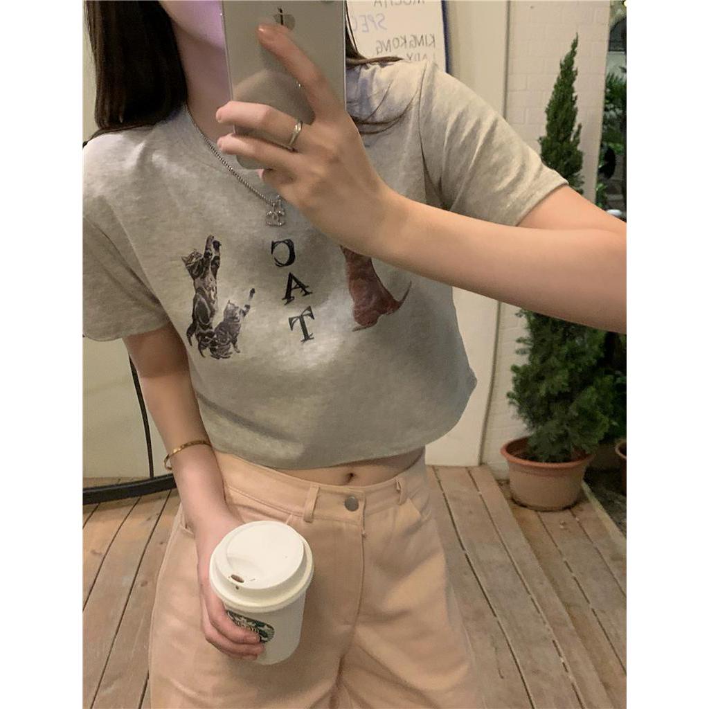 Áo Thun Ngắn Tay In Hình Mèo Phong Cách Retro Cá Tính 63402