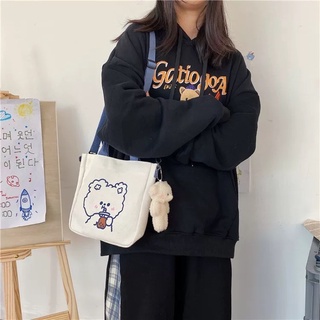 Túi tote vải canvas gấu thỏ dây đeo chéo xanh