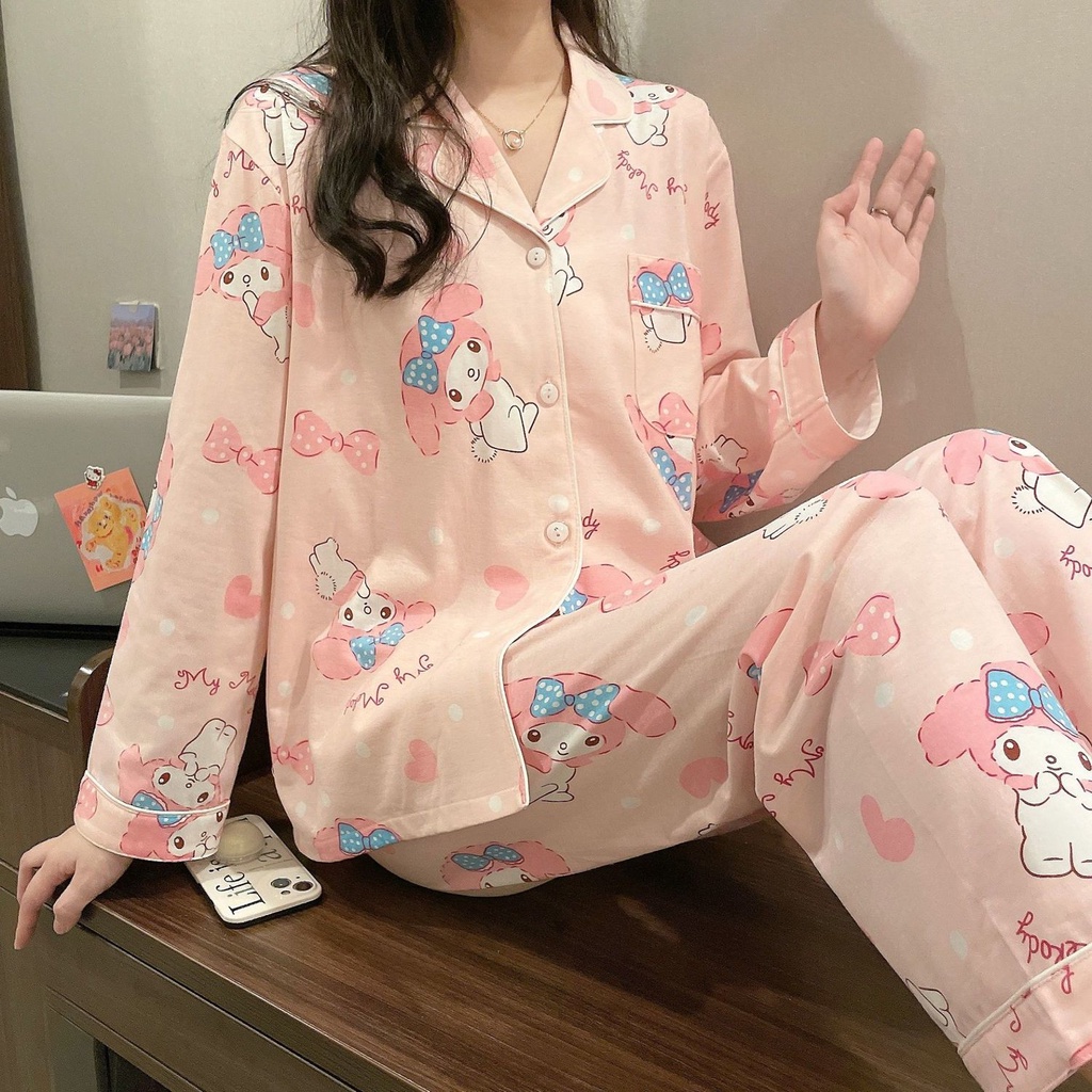 Bộ Đồ Ngủ Tay Dài Chất Cotton In Họa Tiết Dâu Tây / Gấu Dễ Thương Thời Trang Xuân Thu Cho Nữ