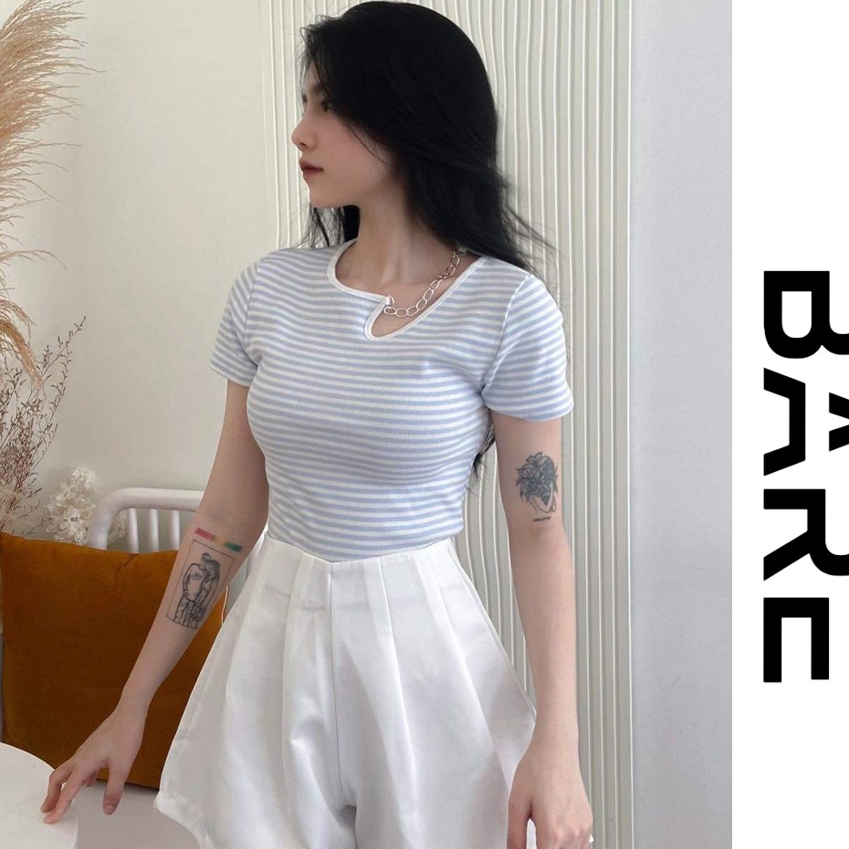 Áo thun ôm nữ tay ngắn họa tiết sọc phối xích cá tính chất thun gân dày dặn - AO050