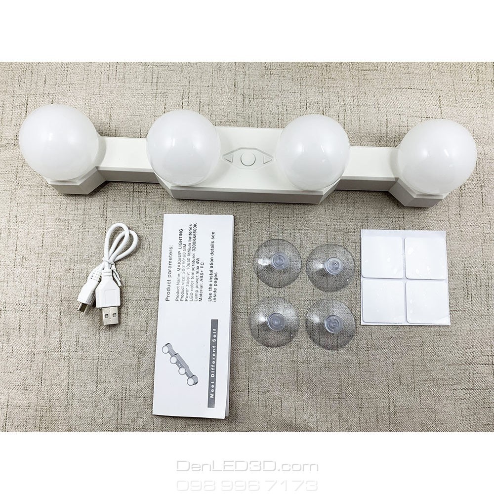 Bộ 4 Bóng Đèn LED Cho Bàn Trang Điểm, Sử Dụng Pin Sạc, 3 Chế Độ Sáng