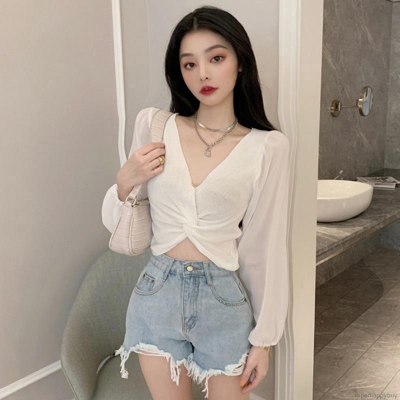 Áo Croptop Dệt Kim Thiết Kế Cổ Chữ V Quyến Rũ