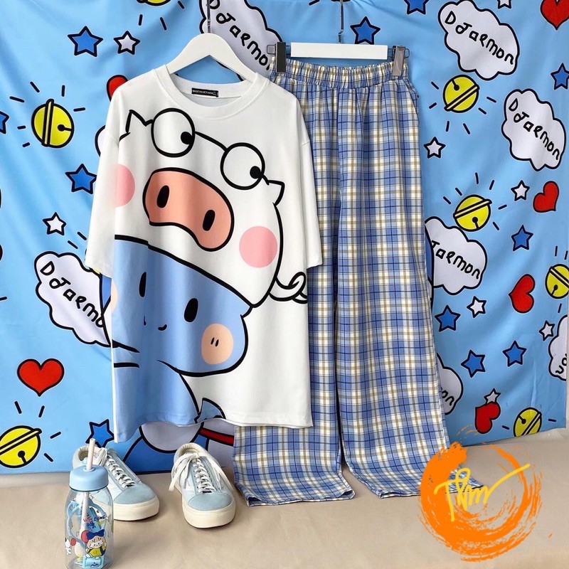 Sét áo lợn mắt liếc + quần kẻ xanh TH6