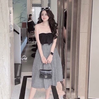 Đầm áo ống phối caro bọc nút❣️