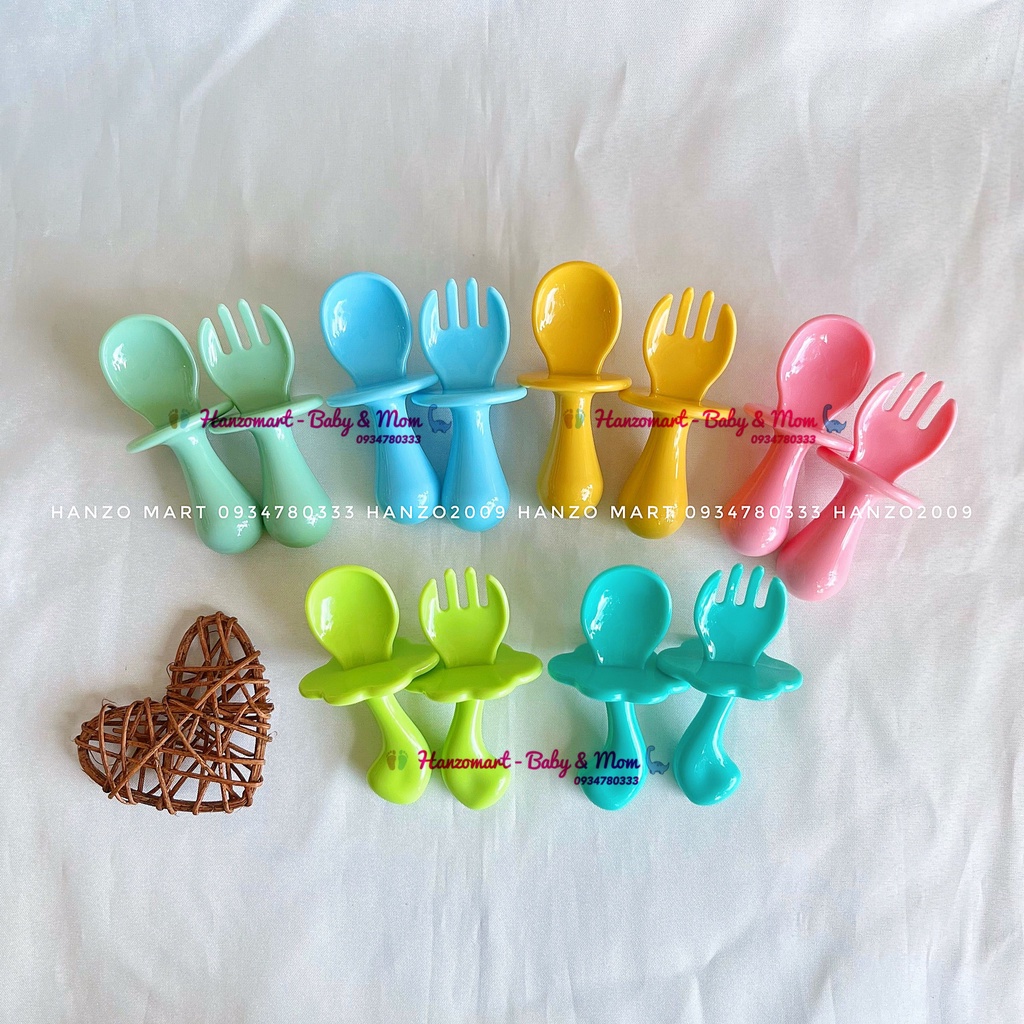 Thìa tập xúc cho bé ăn dặm thìa nĩa dĩa cán ngắn có nút chặn tập xúc có hộp cho bé