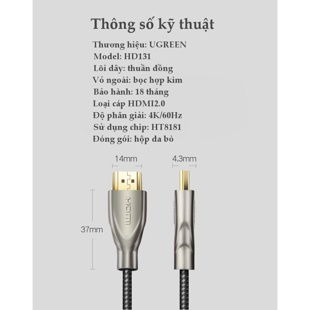 Cáp HDMI 2.0 Carbon chuẩn 4K độ dài từ 1-5m UGREEN HD131 - Hàng phân phối chính hãng - Bảo hành 18 tháng