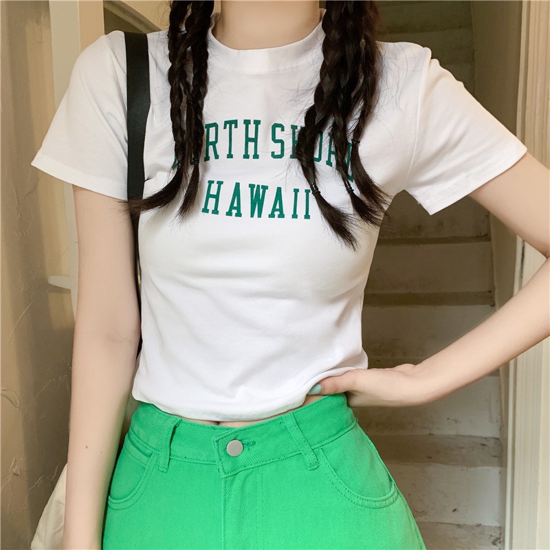 SUXI Áo Thun Ngắn Tay Cổ Tròn In Chữ Đơn Giản Dễ Phối Đồ Thời Trang Mùa Hè Cho Nữ