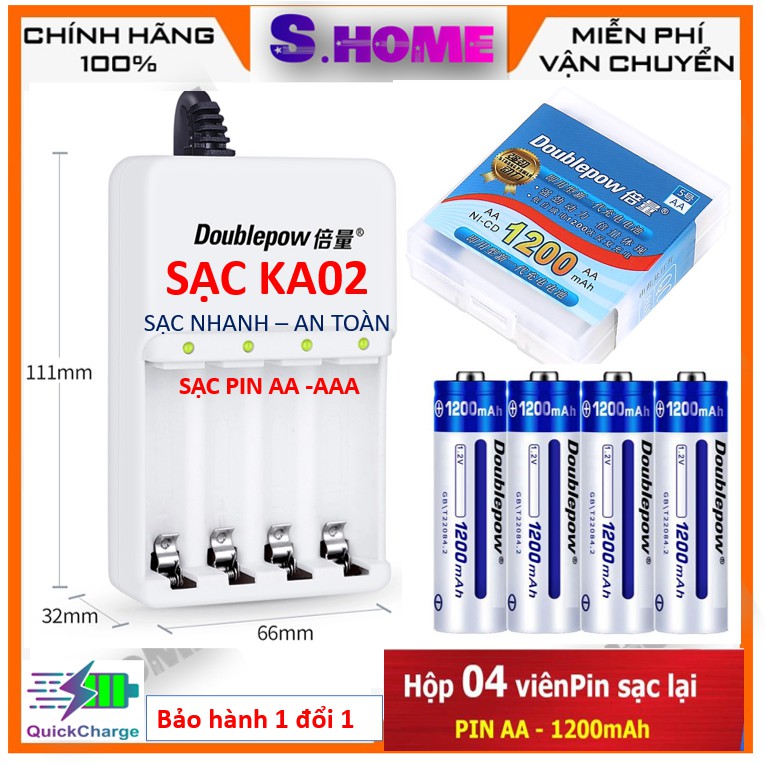 Sạc pin tiểu doublepow K02 + 4 Pin tiểu sạc 1200 mah aa sạc nhanh tự ngắt an toàn , sạc pin tiểu aa , aaa - chính hãng