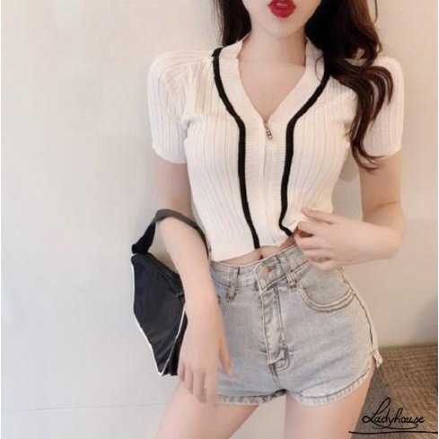 Áo Croptop Dệt Kim Tay Ngắn Cổ Chữ V Màu Sắc Tương Phản Có Khóa Kéo Thời Trang Mùa Hè Cho Nữ