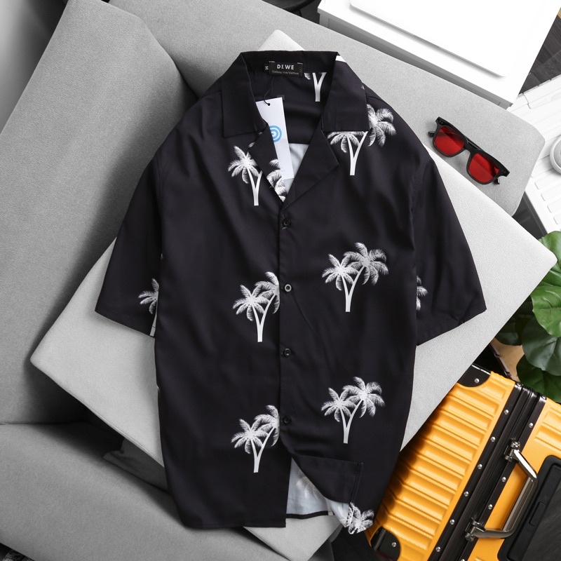 Áo sơ mi nam ngắn tay DEWE, vải lụa nhập khẩu chống nhăn thoáng mát, họa tiết Cây Dừa - DEWE Cuban Shirt
