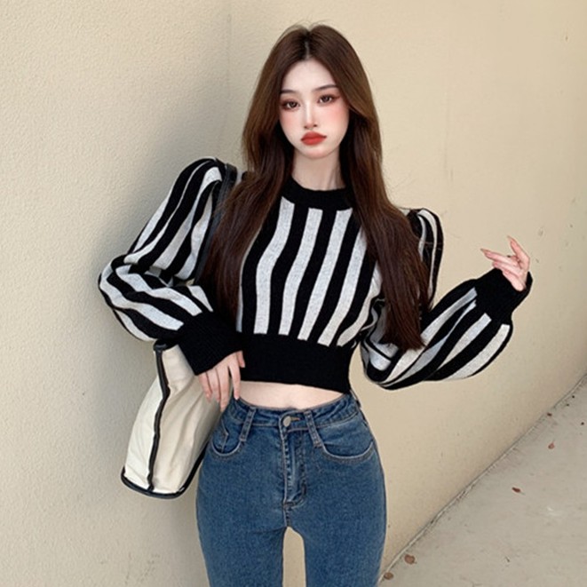 QADCOL Áo sweater dệt kim tay dài phồng họa tiết kẻ sọc nhiều màu sắc thời trang cho nữ