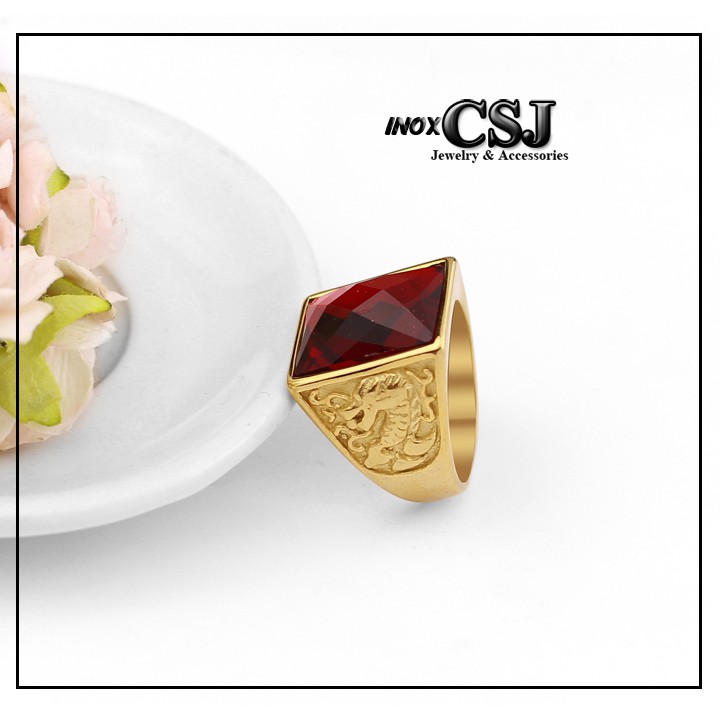 NHẪN NAM INOX MẠ VÀNG ĐÁ ĐỎ CHẠM RỒNG siêu đẹp - tặng hộp đựng nhẫn xinh xắn