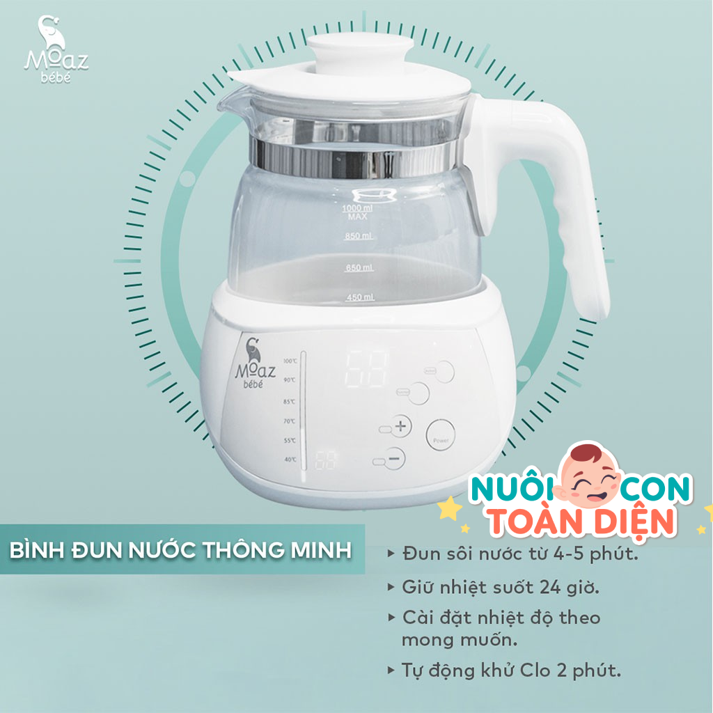 Bình đun nước pha sữa MOAZ BÉBÉ MB002, 1L Pha Sữa / Trà / Cafe, Khử Clo, Duy Trì Nhiệt Độ 24h