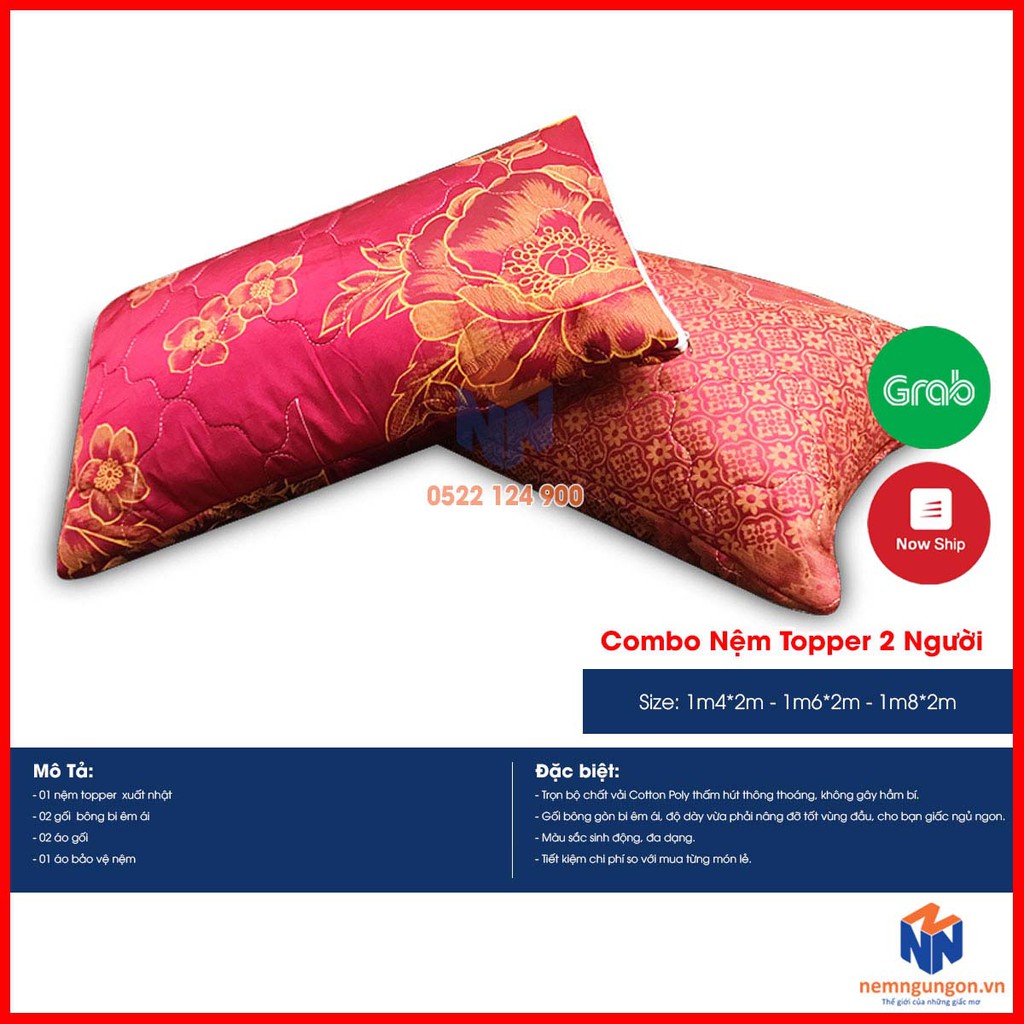 Combo nệm topper xuất Nhật kèm gối, drap - Nệm topper trải sàn cao cấp - đồng bộ màu sắc [Đủ size] - Màu ngẫu nhiên