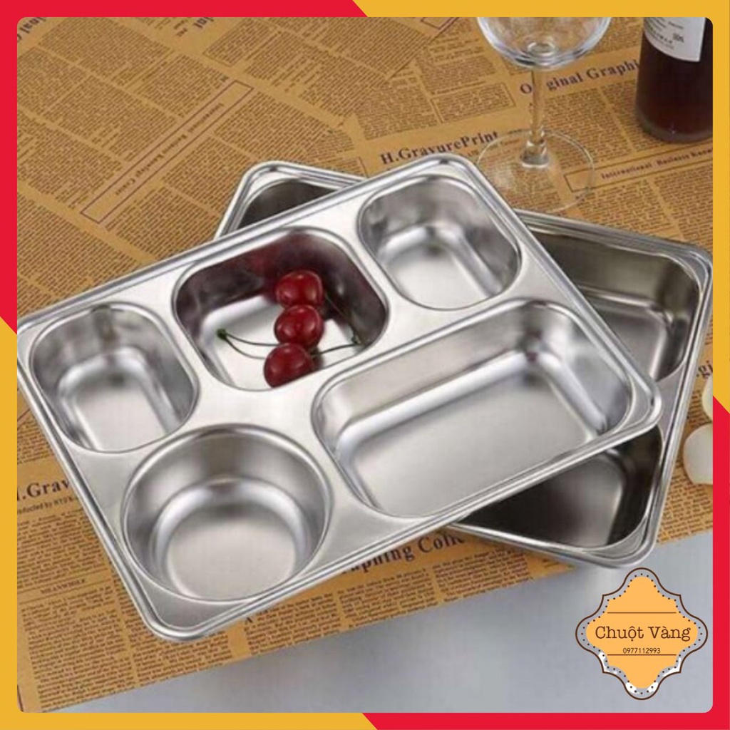 Khay cơm phần 5 ngăn inox sâu có nắp tiện lợi