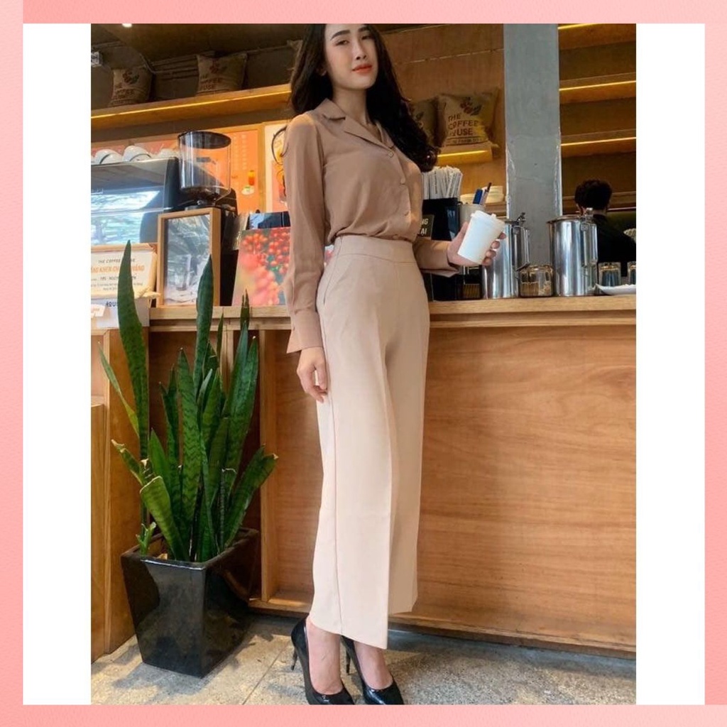 Quần Ống Rộng Công Sở  Khóa Sườn, Lưng Cao Tôn Dáng, Chất Vải Tuyết Mưa Vitex Hai Màu Đen, Kem.