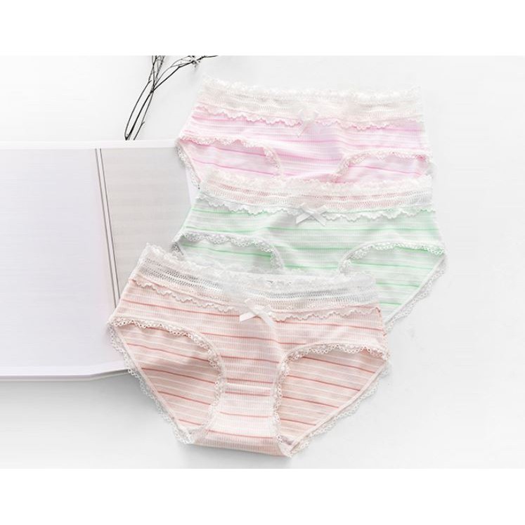 Quần Lót Cotton Mềm Sọc Ngang Phối Ren Phong Cách Nhật Bản P306