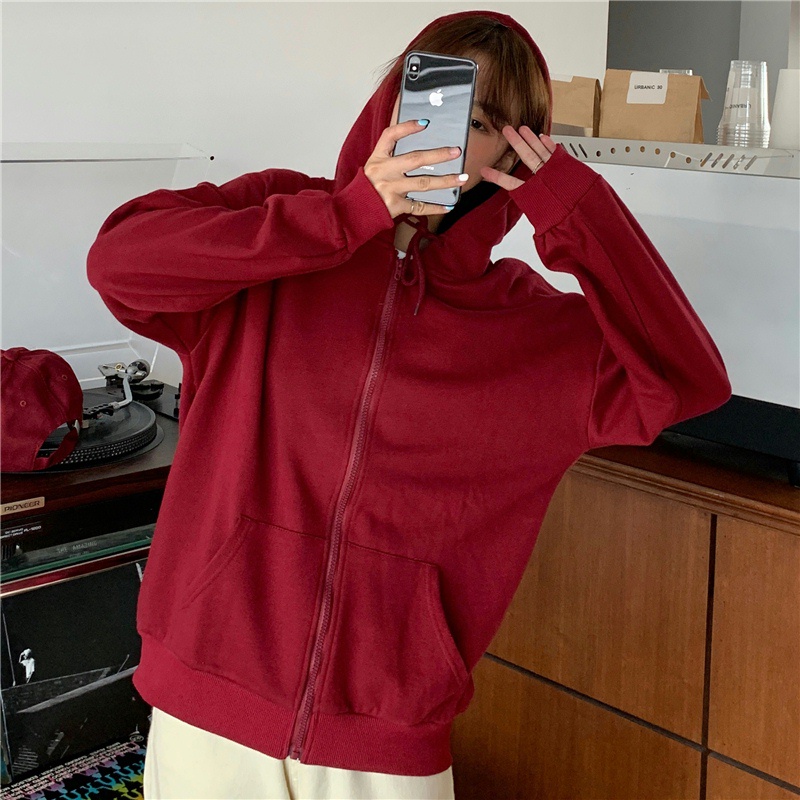 SUXI Áo Hoodie Tay Dài Dáng Rộng Màu Sắc Đơn Giản Cho Nữ