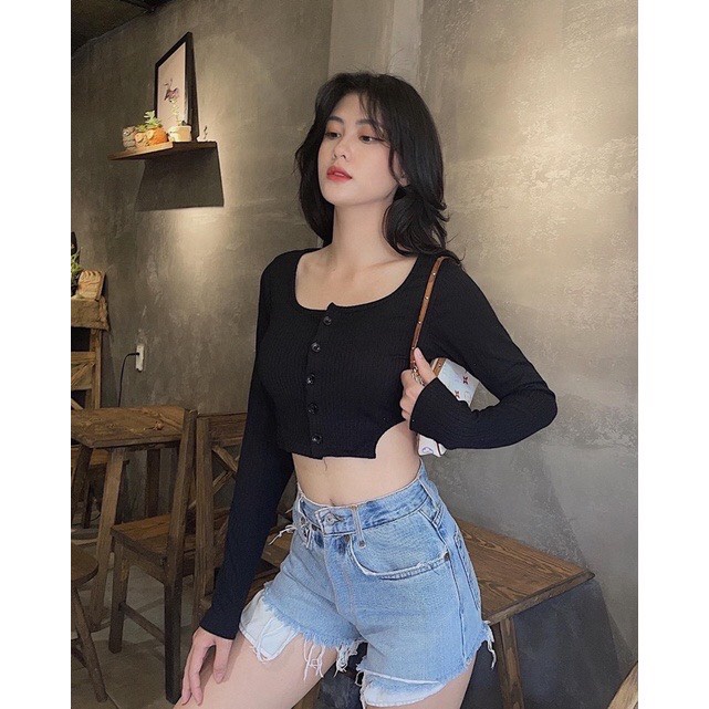 Áo croptop tay dài nút bấm khoét eo, áo crt ôm body khoe eo co giãn tốt