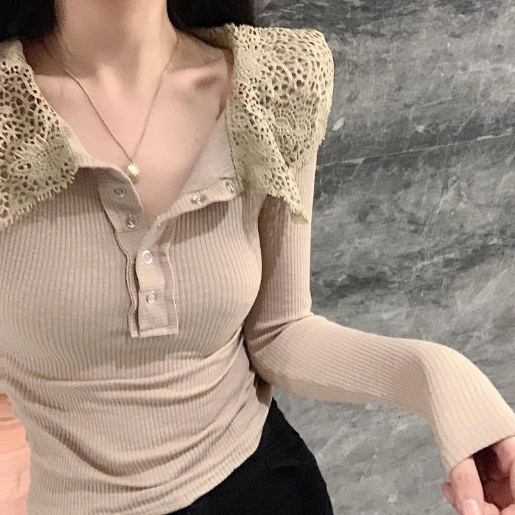 Áo thun tay dài phối ren mỏng phong cách Hàn Quốc mới 2021 cho nữ