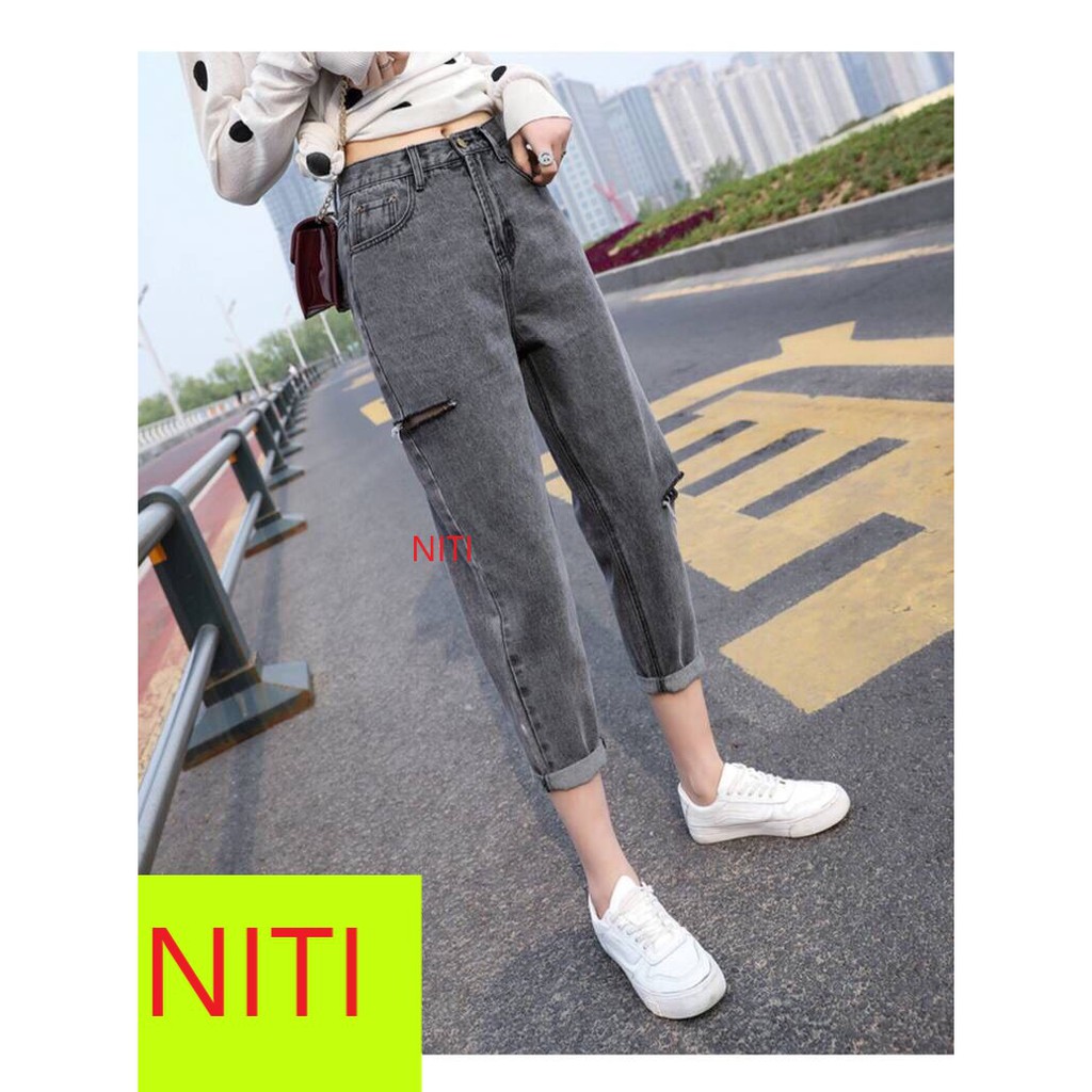 [ VIDEO HÌNH THẬT!! ] QUẦN JEAN NỮ LƯNG CAO KIỂU QUẦN BAGGY JEAN NỮ NITI MÀU XÁM RÁCH BE PHẢI CAO BE TRÁI NGAY GỐI THẤP
