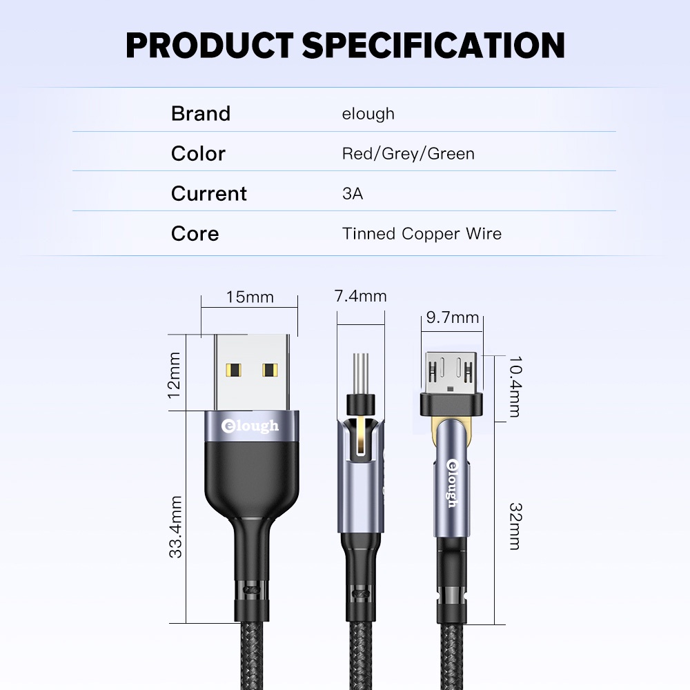 Elough 180° Cáp Sạc Nhanh USB Type C 3A Cho Xiaomi Samsung