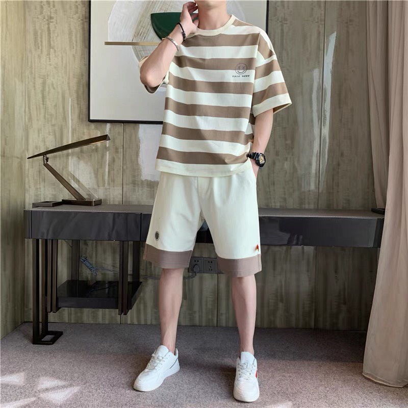 Set Bộ 2 Món Quần Shorts + Áo Thun Nam Nữ Unisex Chất Vải Thun Kẻ Sọc Ngang MSA022TH