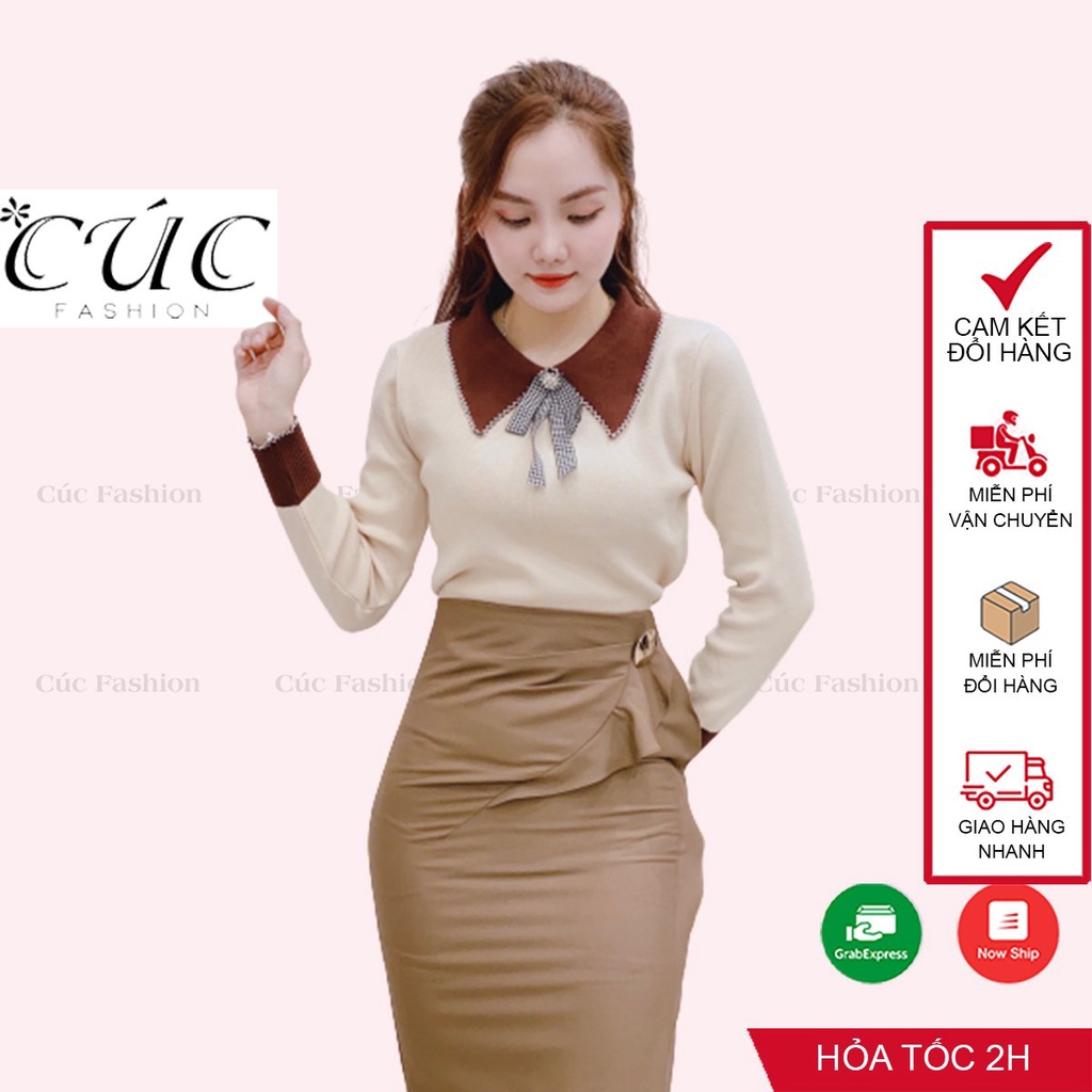 Áo len nữ cổ nơ cao cấp xinh Cúc Fashion L32 áo len cổ nhọn viền đen