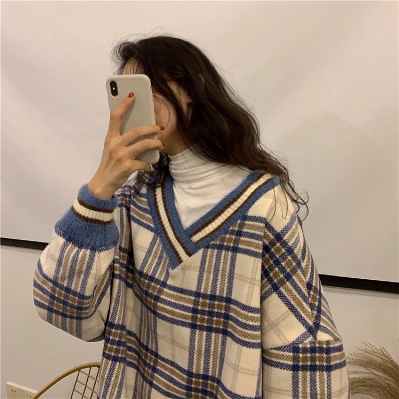 Freeship Áo Caro Cổ V Dáng Thụng Vintage Siêu Dày