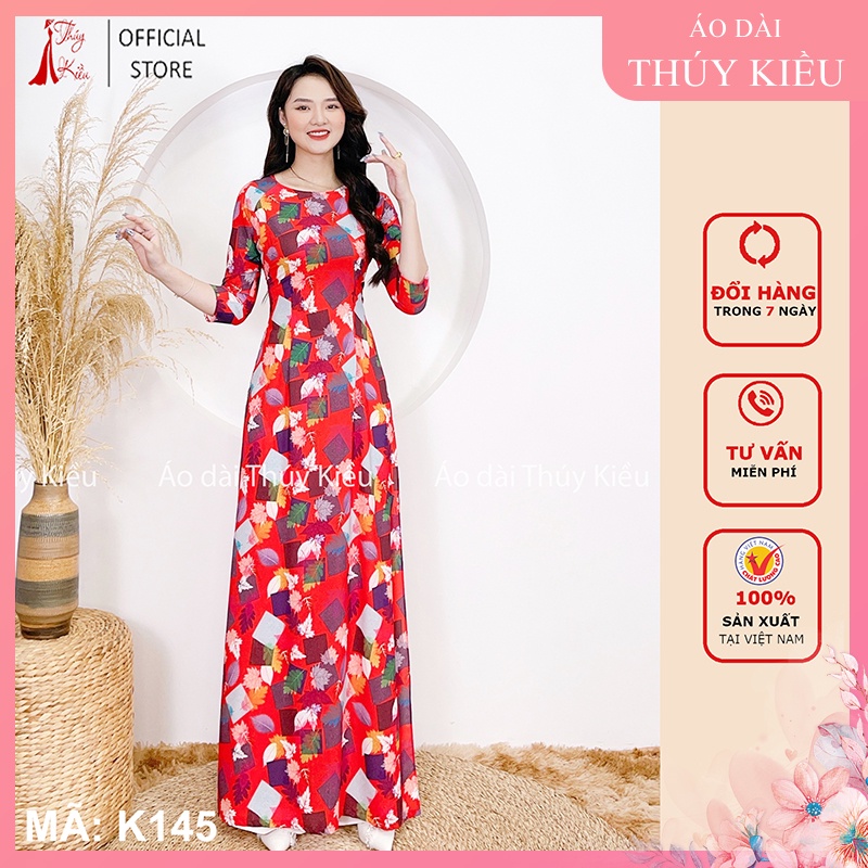 Áo dài truyền thống thiết kế may sẵn cách tân nữ nền lá đỏ hình vuông K145 Thúy Kiều mềm mại co giãn áo dài giá rẻ