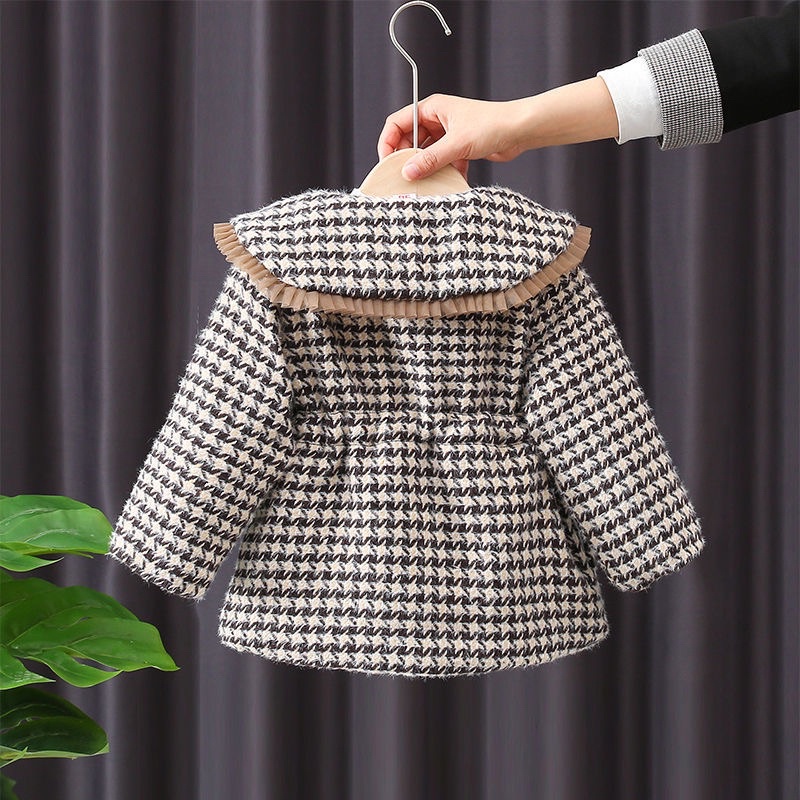 Áo khoác dạ tweed cho bé gái, phối nơ eo cổ ren bèo điệu đà