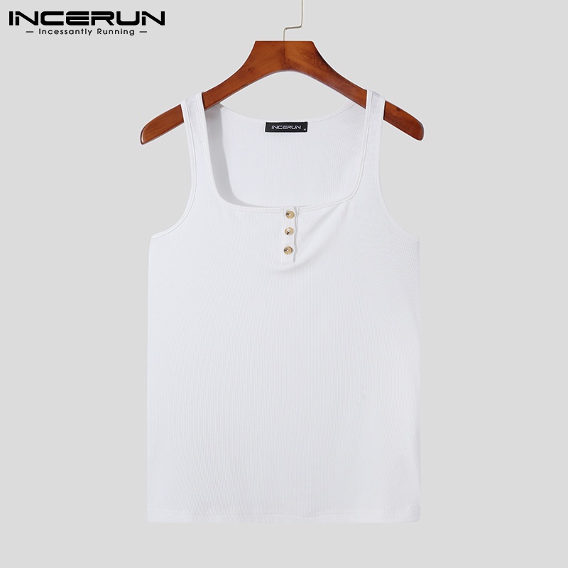 Áo ba lỗ nam INCERUN không tay phối nút màu trơn thường ngày mùa hè có 2 màu