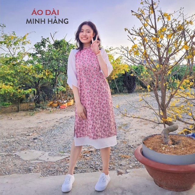 Áo dài cách tân nhung tăm hoa nhí 2022_ Áo Dài Minh Hằng
