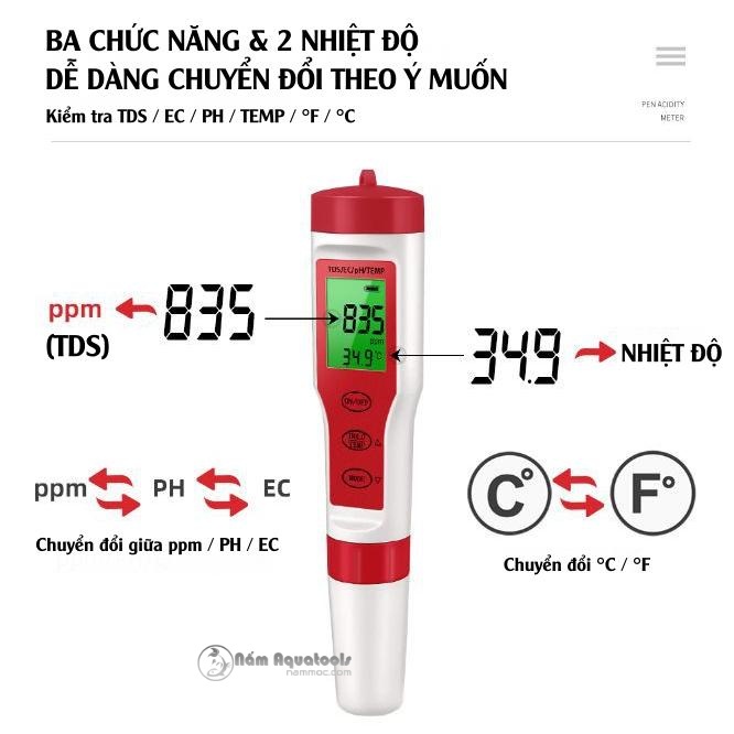 Bút Test Nước 4 in 1 EZ-9908 | Đo pH - TDS - EC và Nhiệt độ | Dùng kiểm tra nước uống, thuỷ canh, bể cá thuỷ sinh