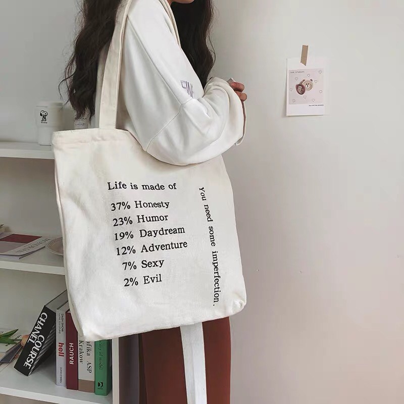 Túi Tote Túi Vải Canvas Mềm in chữ LIFE IS MADE OF  Có Khóa Miệng