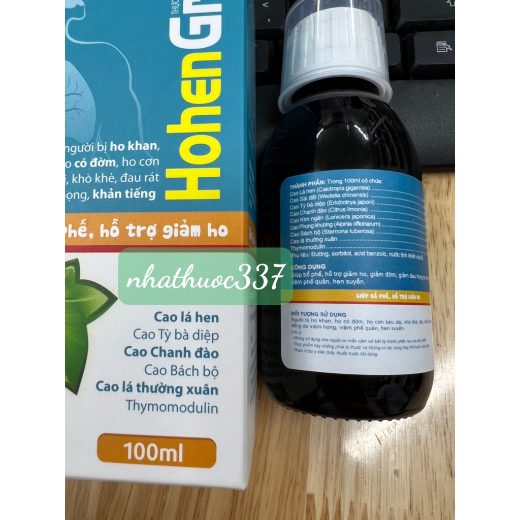Siro ho HOHEN GREEN với Cao Lá Thường Xuân, Cao Lá Hen, Cao Chanh Đào hỗ trợ hen, giảm ho khan, ho đàm.
