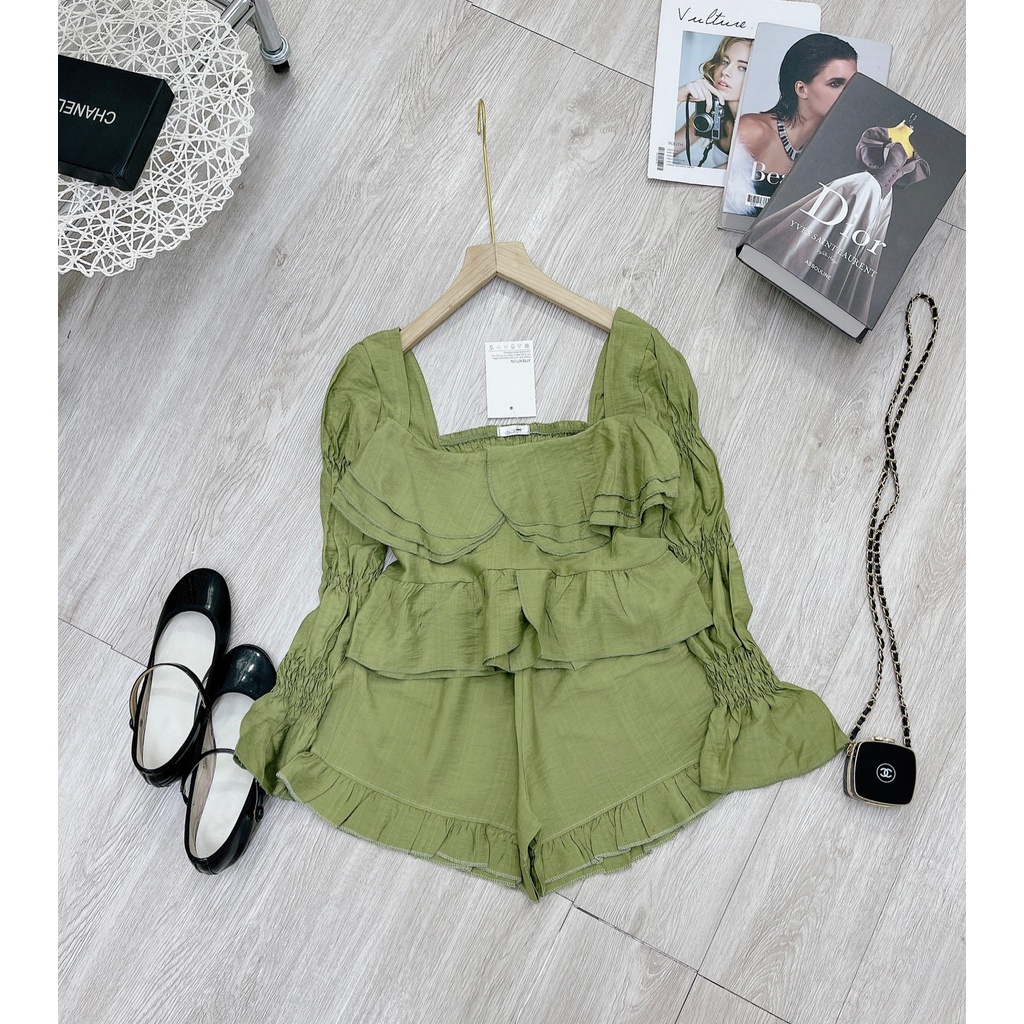 Bộ bèo xanh lá chun tay cổ vuông DN10166