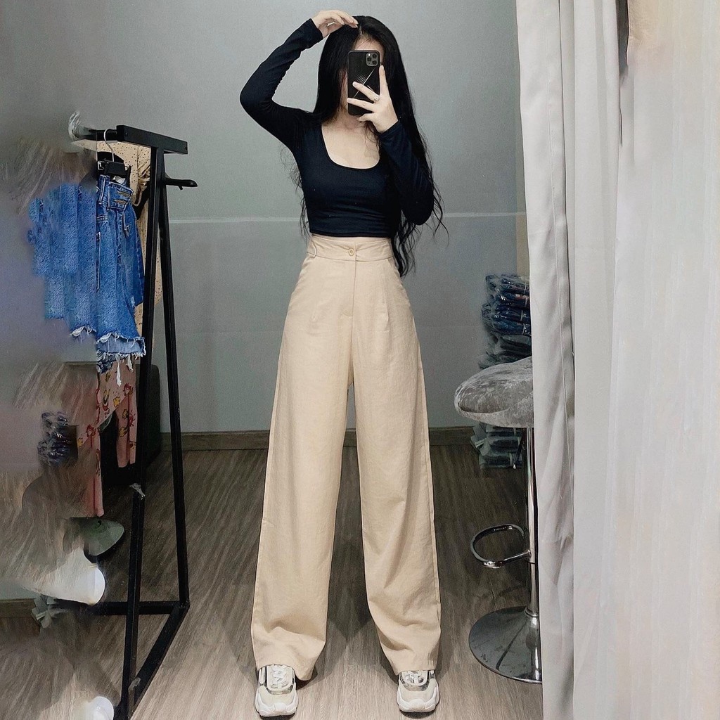 quần ống rộng suông nữ lưng cao khóa trước 1 khuy vải tuyết mưa M01