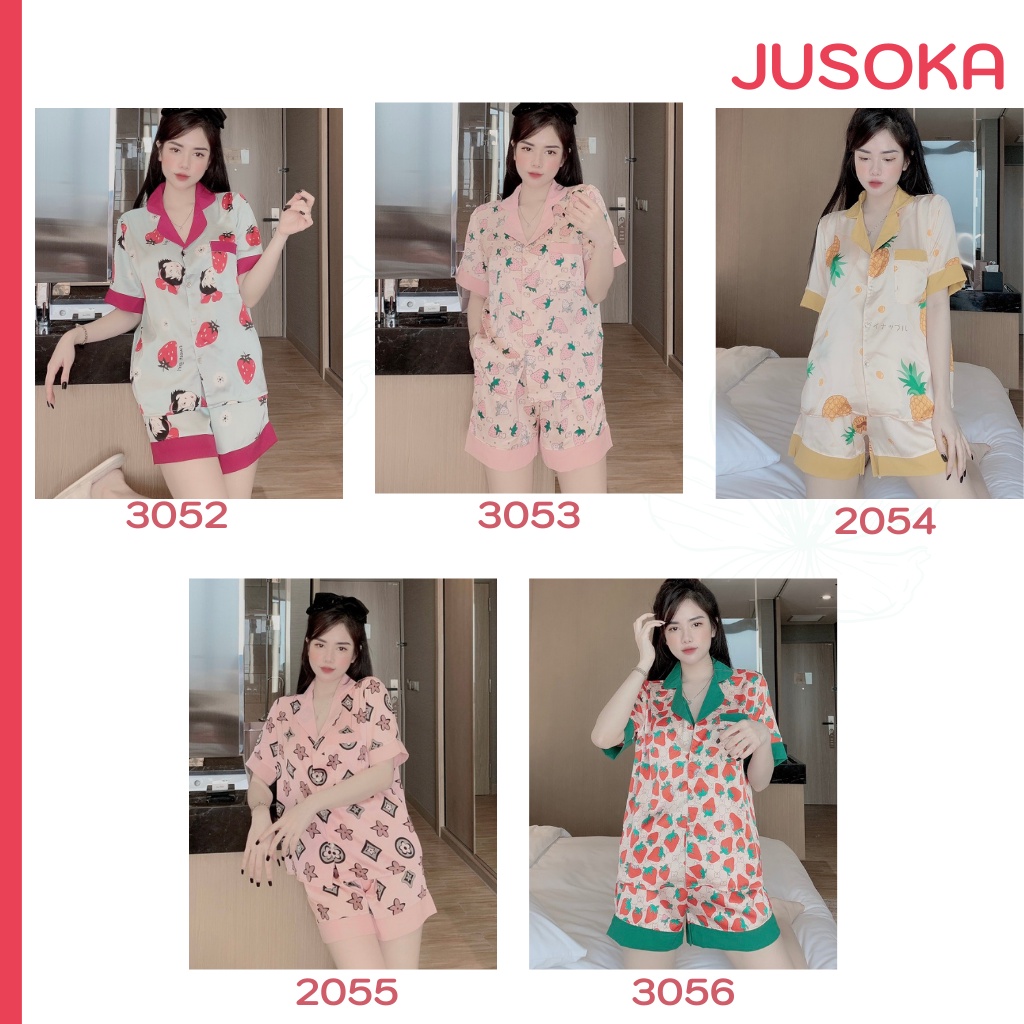 Đồ bộ nữ pijama lụa ngủ áo cộc quần đùi mặc nhà dễ thương chất liệu latin cao cấp JUSOKA