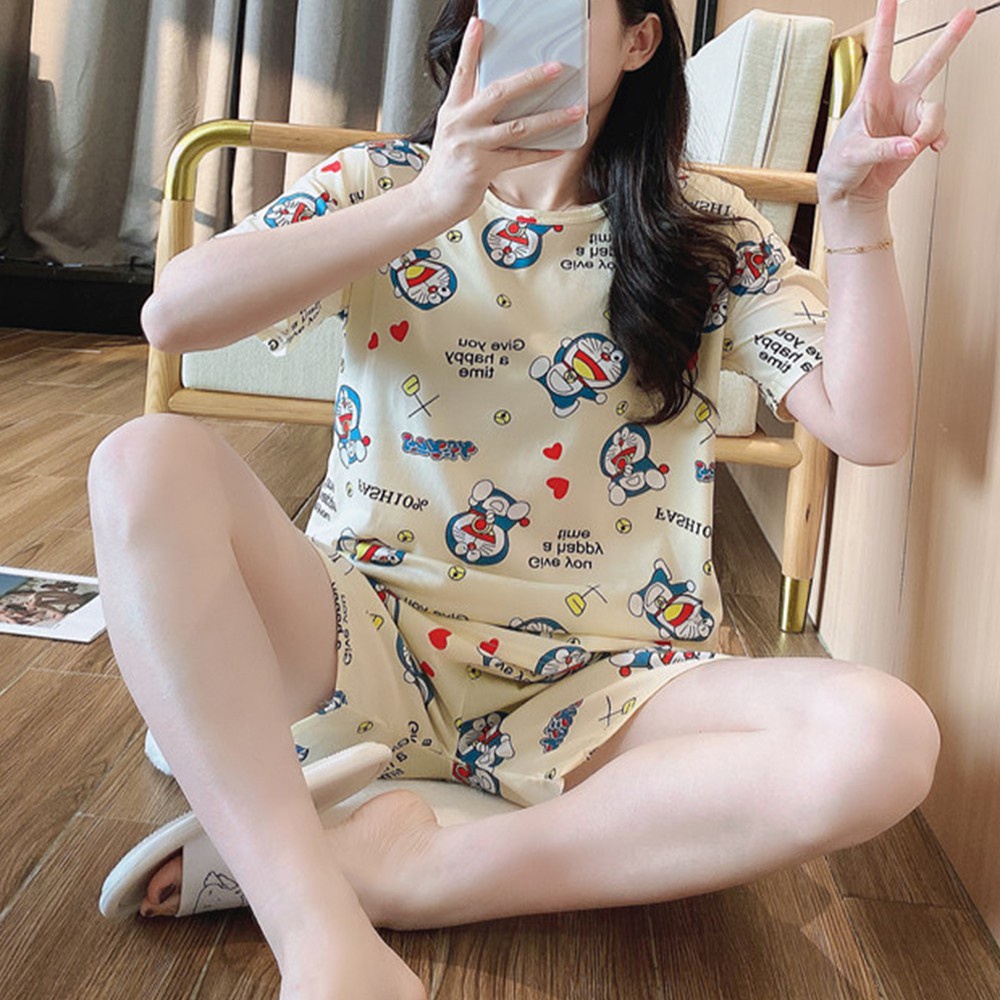 Bộ Đồ Ngủ Áo Thun Tay Ngắn + Quần Short Họa Tiết Hoạt Hình Thoáng Khí Thời Trang Mùa Hè Cho Nữ