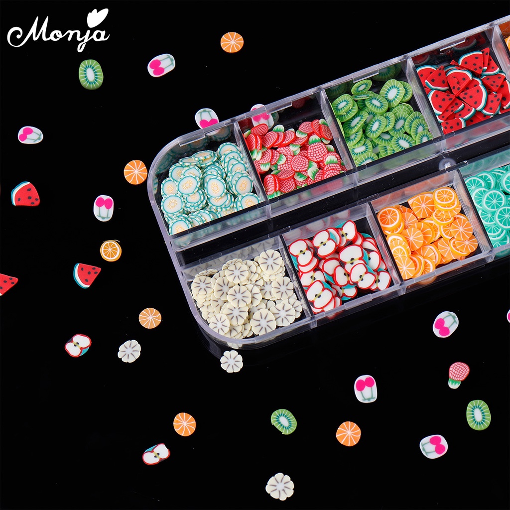 Monja Hộp phụ kiện trang trí móng tay 12 ô hình trái cây 3D DIY dễ thương