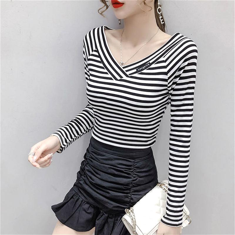 Áo Thun Tay Dài Cổ Chữ V Kẻ Sọc Thời Trang Mùa Thu Cho Nữ