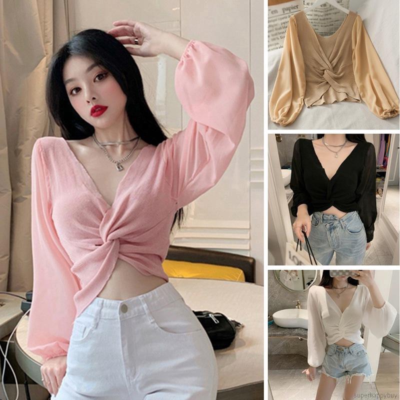 Áo Croptop Dệt Kim Thiết Kế Cổ Chữ V Quyến Rũ