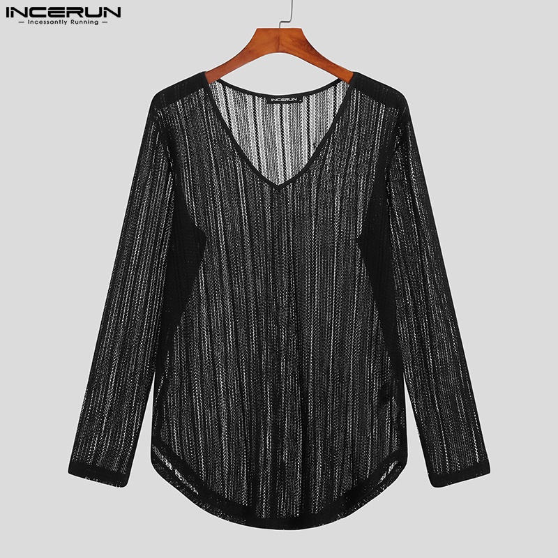 Áo dài tay INCERUN kiểu cổ chữ v màu đen cho nam