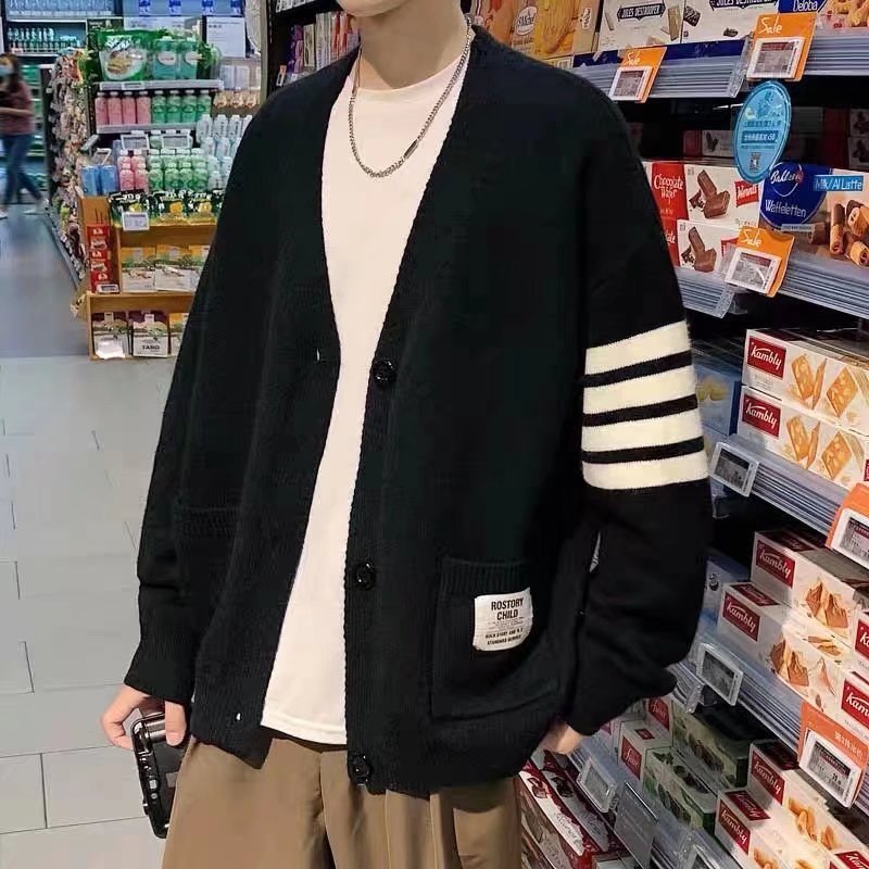 Áo khoác cardigan dệt kim dáng rộng họa tiết kẻ sọc thời trang Hàn Quốc đơn giản cho nam